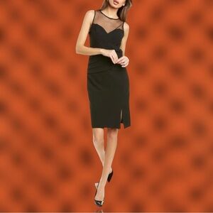 NWT Aidan Mattox Black Pleated Fit and Flare Cocktail Dress with Mesh Neckline 0